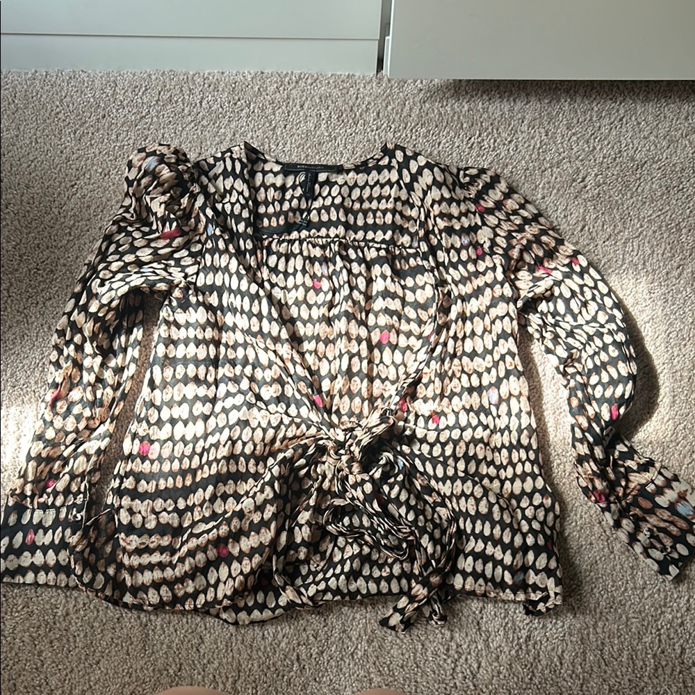 BCBG Brown and Cream Tie Front Long Sleeve Blouse